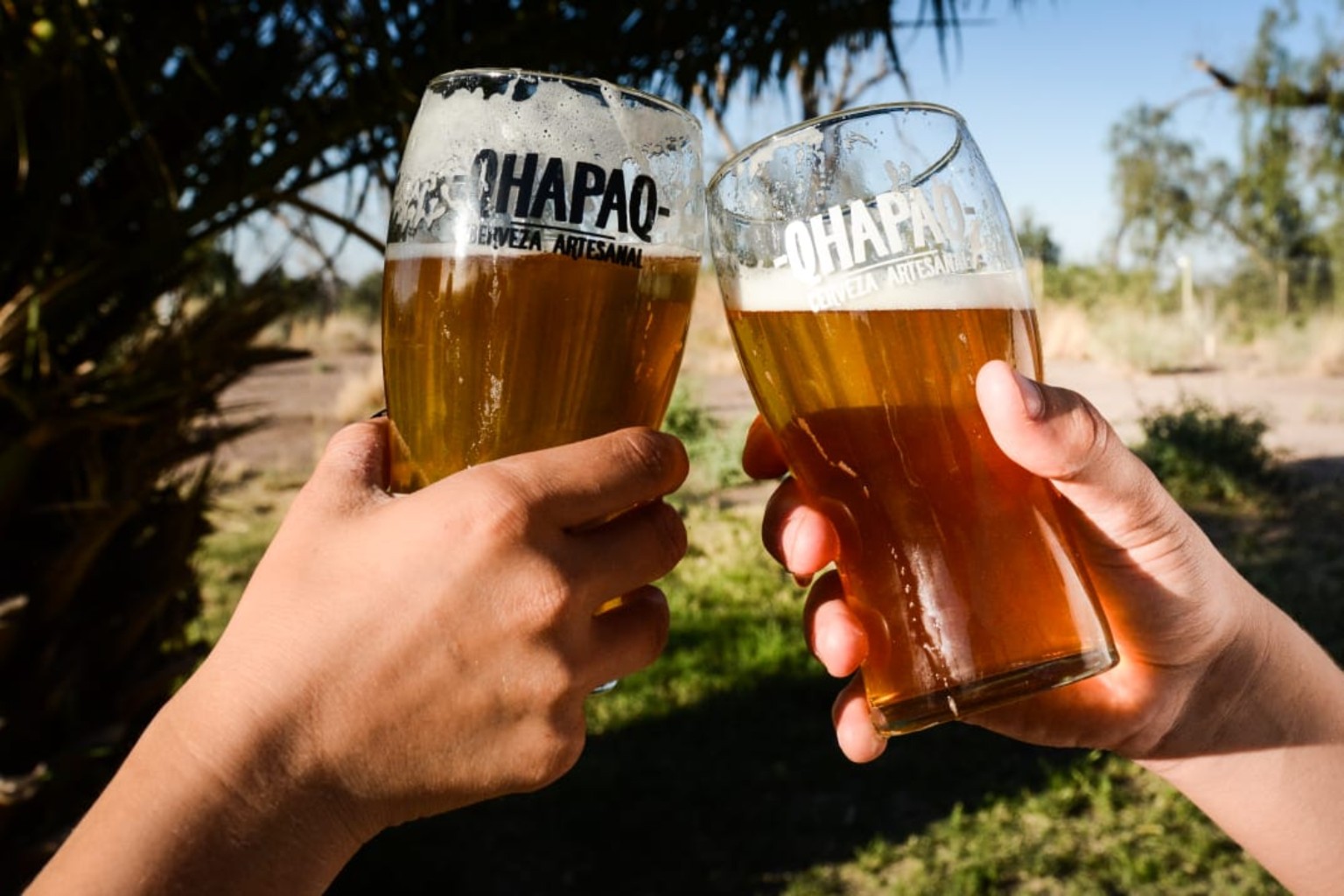 Dos pintas de cerveza artesanal Qhapaq brindando al aire libre